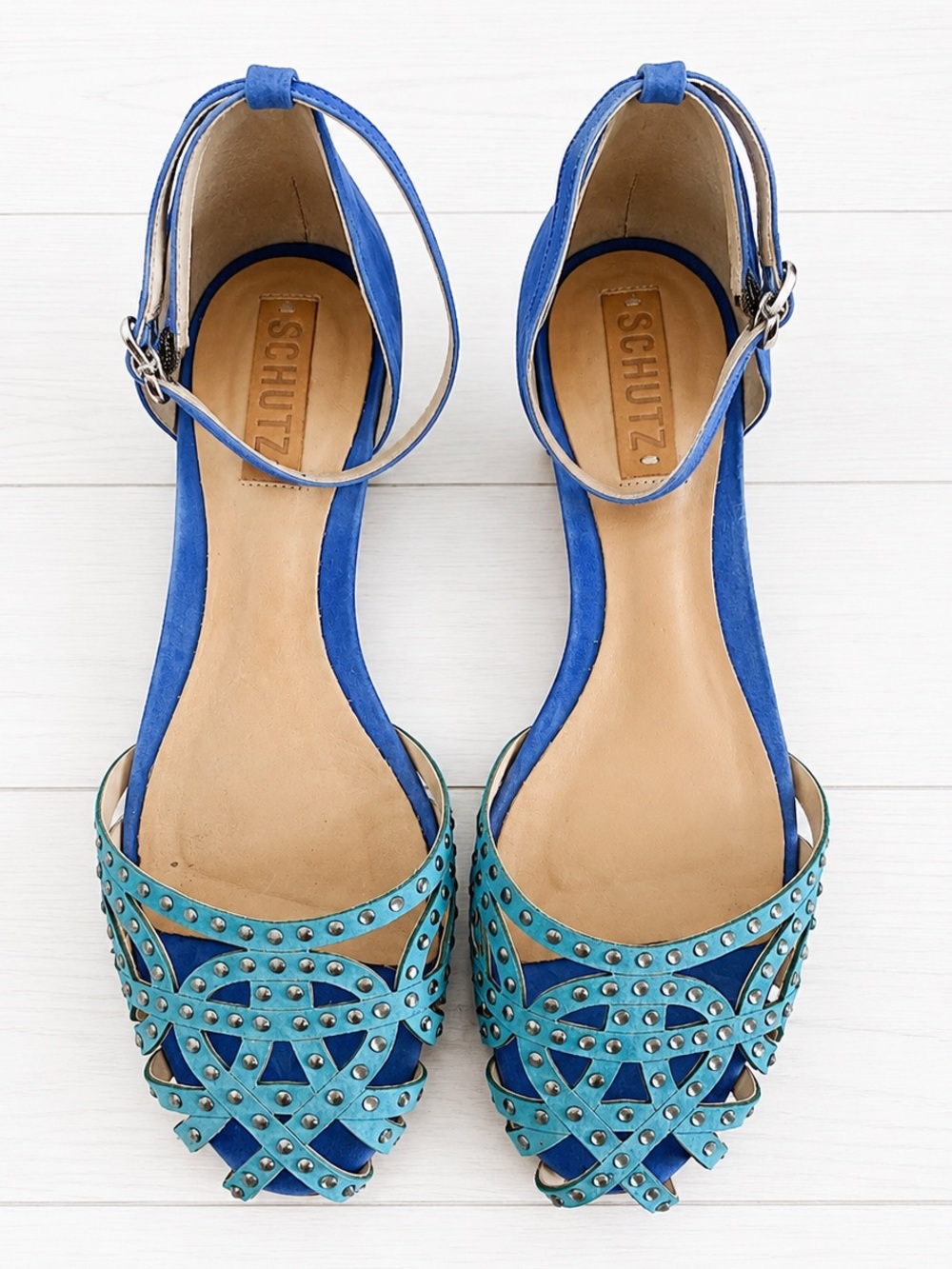 $350 SCHUTZ Blue and Teal Studded Ankle-Strap Sandals Crystals Leather US9